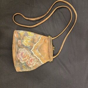 VTG JANE YOO WEARABLE ART Hand Painted Leather charming boho crossbody purse bag